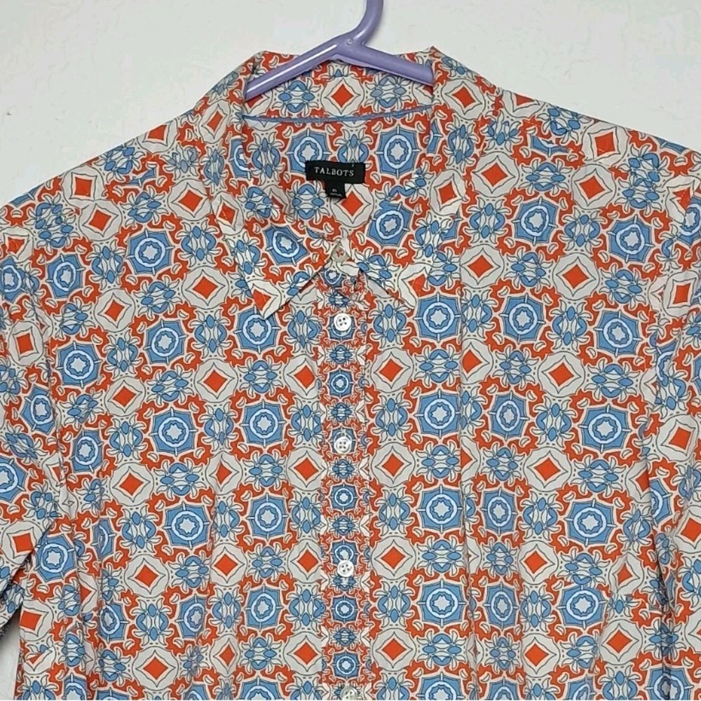 Talbots Whimsical Tile Button Front Shirt XL Orange Blue Cotton Blouse Top L/S